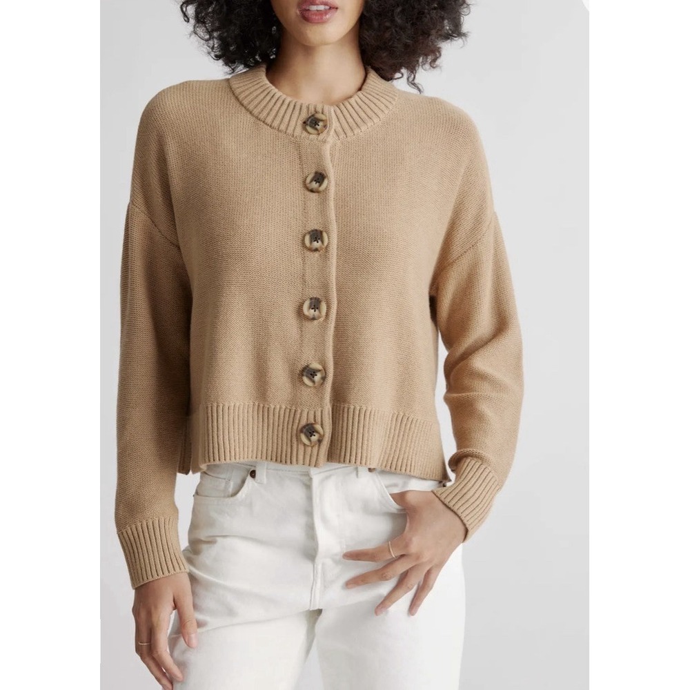 Quince Cardigan Women L Cement Marl Organic Cotton Cropped Quiet Luxury Sweater